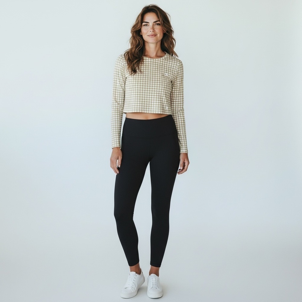 Astoria Luxe Brown and White Checkered Long Sleeve Cropped Top Womens Size M